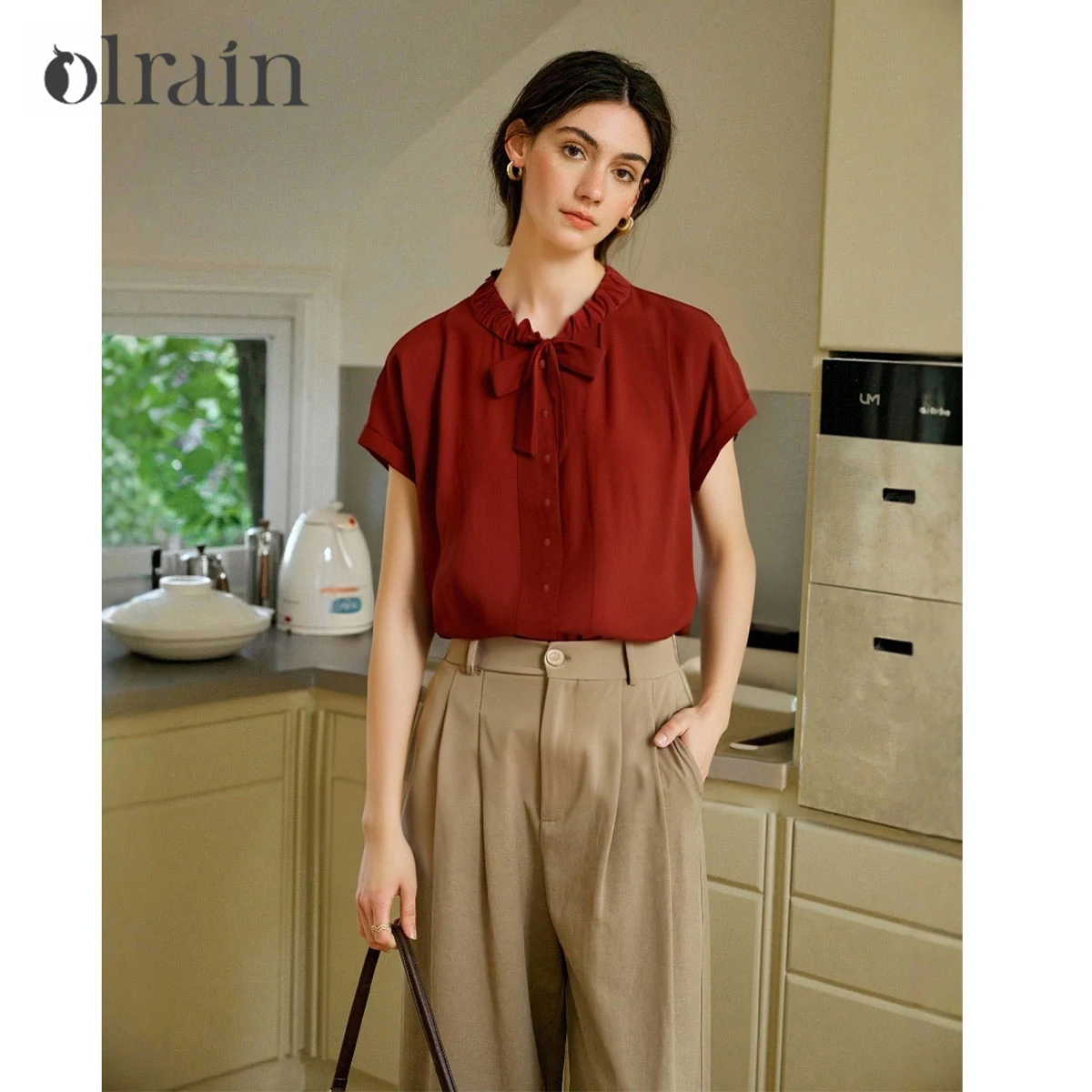 

OLrain Women's Summer Shirt Elegant Vintage Red Pleated Tied Neck Short Sleeve Shirts & Blouse 2025 Ladies Tops O57XC98238