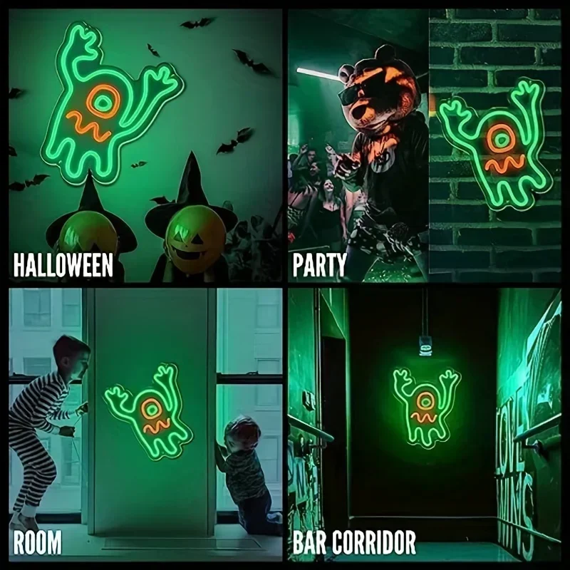 Interessante Ghost LED Neon Sign for Wall Decoration, Green Manholos, Dimmable Switch, Bedroom Light, Crianças
