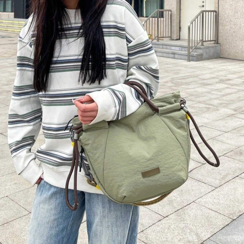 Versatile Contrast Color Drawstring Shoulder Bag Webbing Large Capacity Tote Bag Korean Style Multi-pocket Handbag Commute