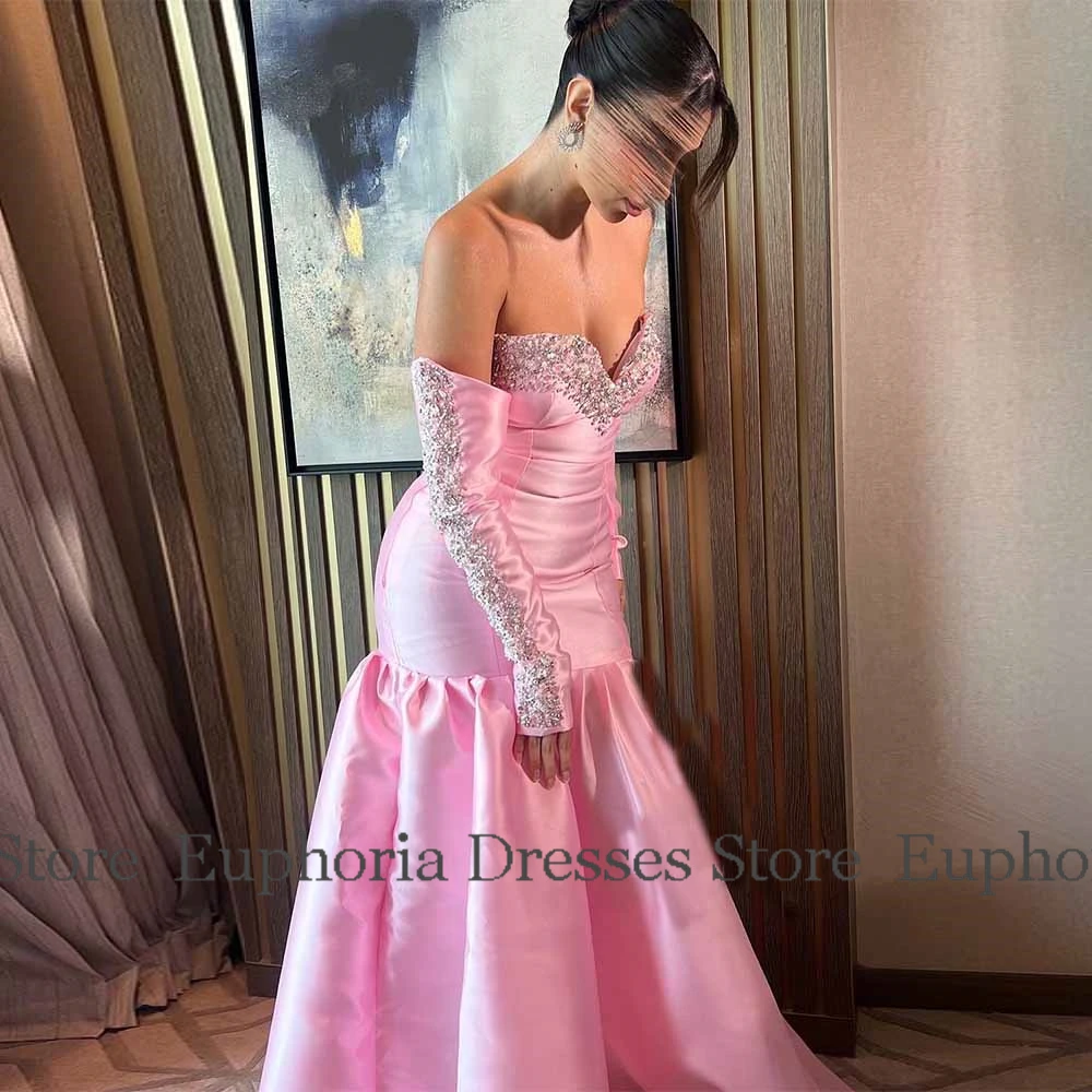 2025 دبي فساتين لحضور الحفلات الموسيقية الفاخرة الساتان حورية البحر/البوق فستان العودة للوطن الوردي الحبيب الخرز قفازات فساتين حفلات أعياد الميلاد طويلة