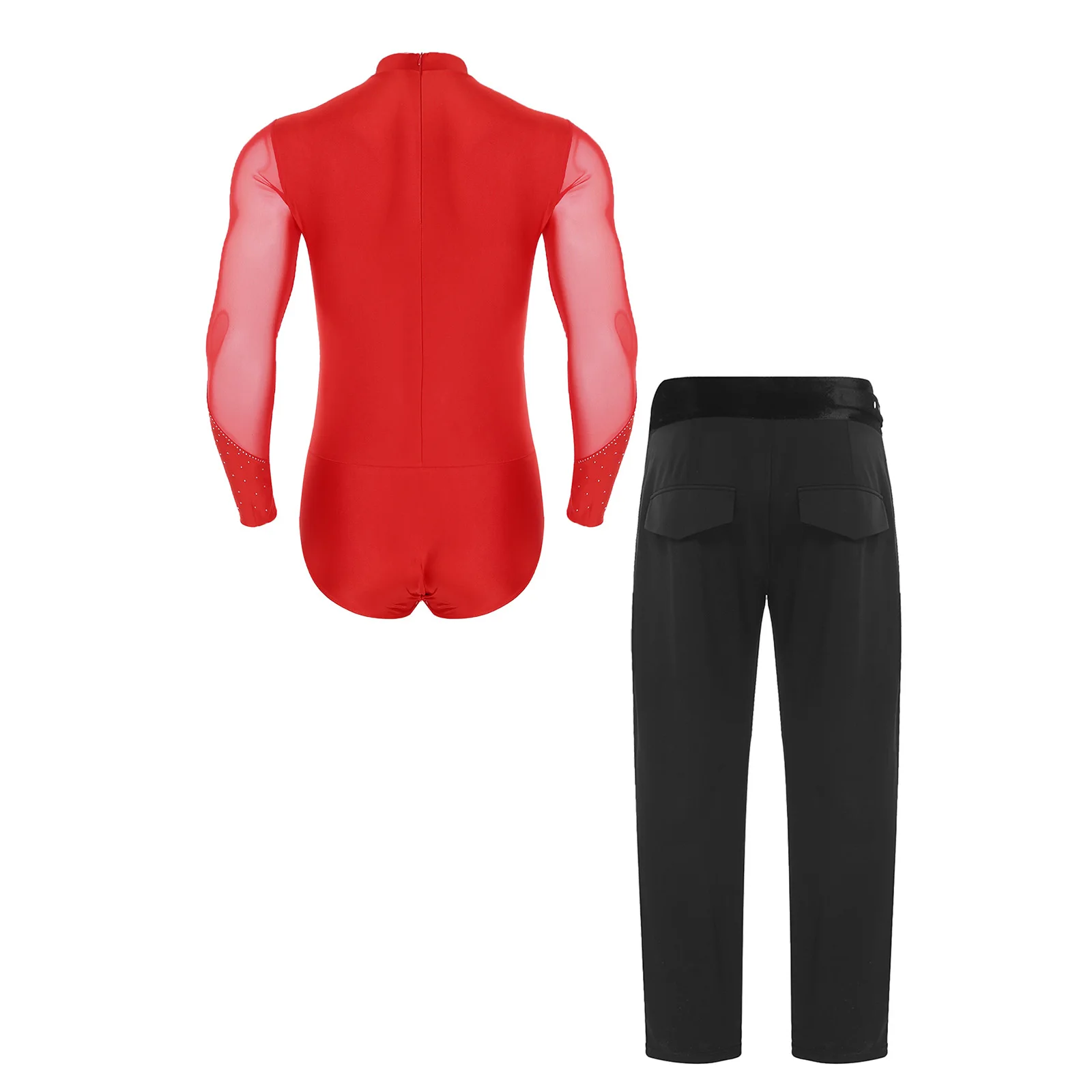 Men Latin Dance Outfit Rhinestone Mesh Long Sleeve Openable Crotch Leotard Bodysuit+Long Pants Ballet Rumba Tango Dance Costume