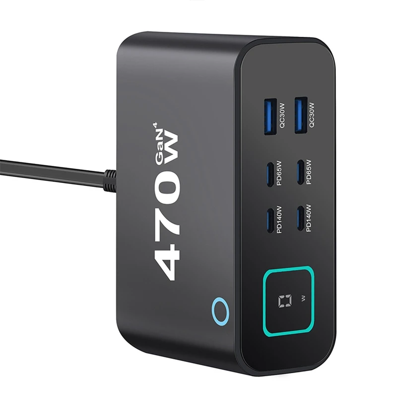 ◉Ultra-Portable 470W GaN Fast Charger TFT Digital Display USB-C PD 6-Port 4C2A Desktop Charging for Phone US