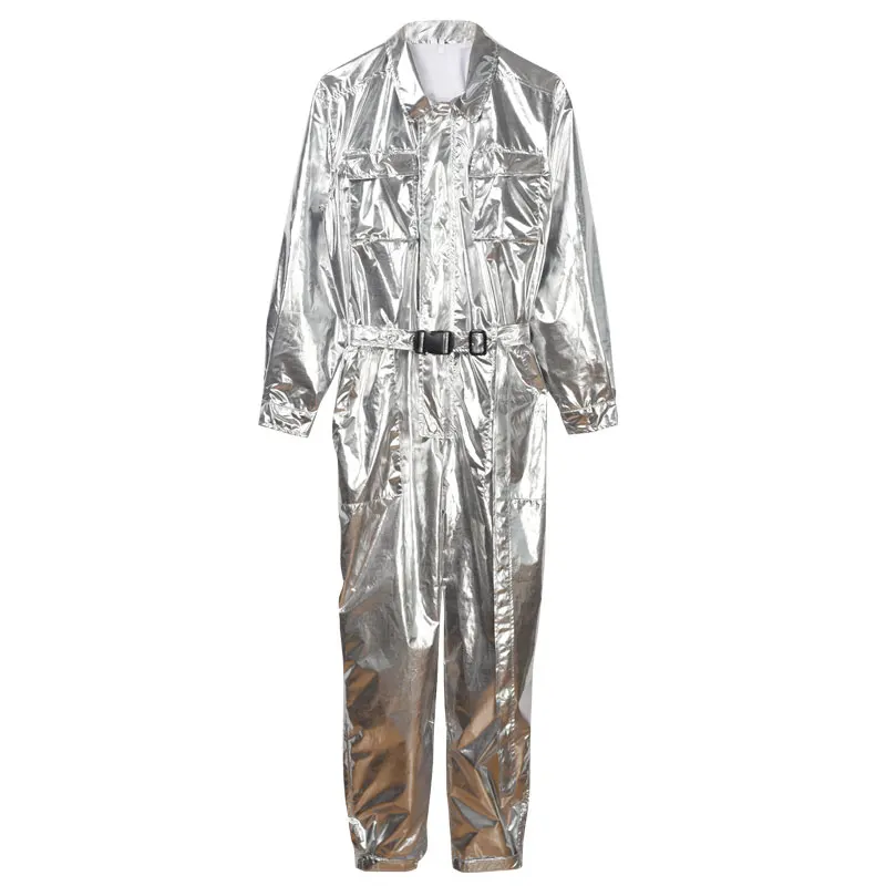 Metallic Shiny Onepiece Jumpsuit Glossy Stage Show Night Club Overalls Male Chic Dance Costumes Hip Hop Jazz Punk Singer Unforms