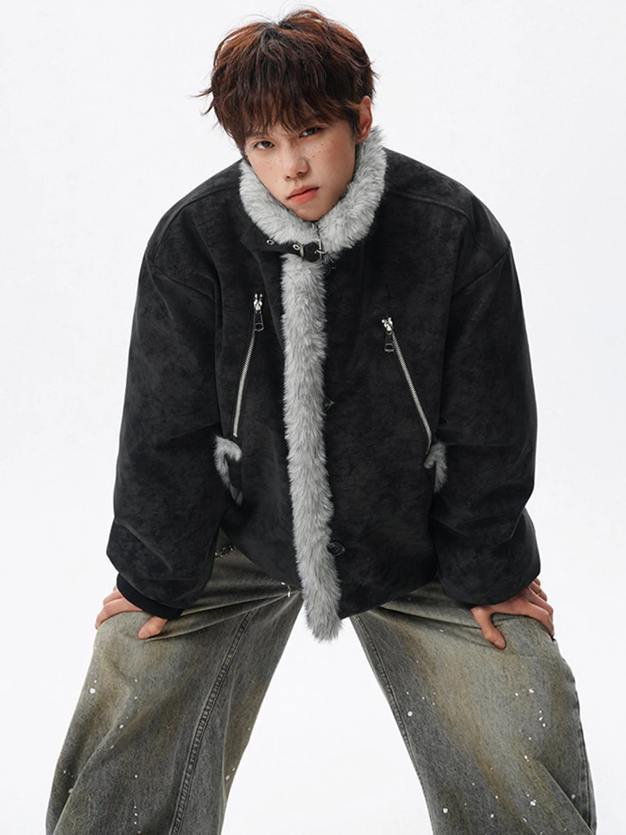 

Мужская зимняя куртка из искусственной кожи с меховым воротником из волчьего меха, на хлопковой подкладке, модная брендовая модель, с воротником-стойкой, в стиле High Street...