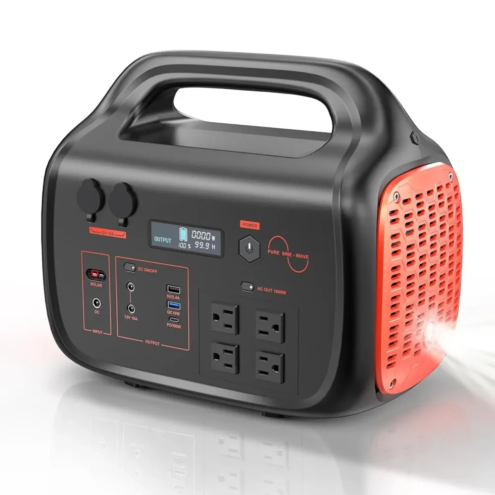 1000W Portable Power Station, 1075Wh Backup Lithium Battery, 120V/1000W AC Outlet, Solar Generator For Home, RV,, Customized