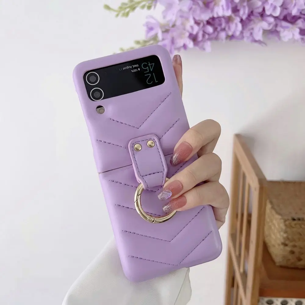 Luxury Elegant Plain Leather Ring Holder Case For Samsung Galaxy Z Flip 5 4 3 Case ZFlip3 5G Shockproof Hard Protective Cover