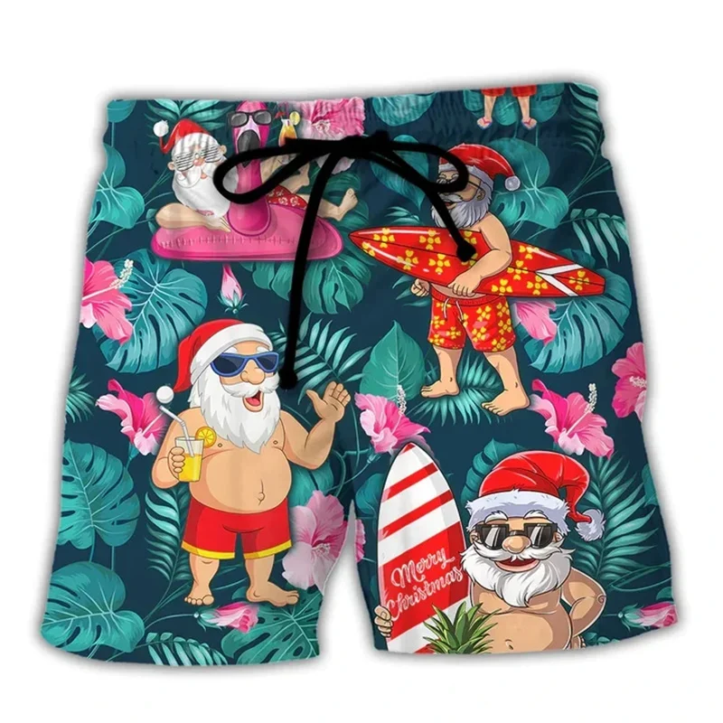 3D Print Merry Christmas Santa Claus Pattern Beach Shorts For Men Summer Funny Xmas Board Short Pants Hawaii Surf Swim Trunks