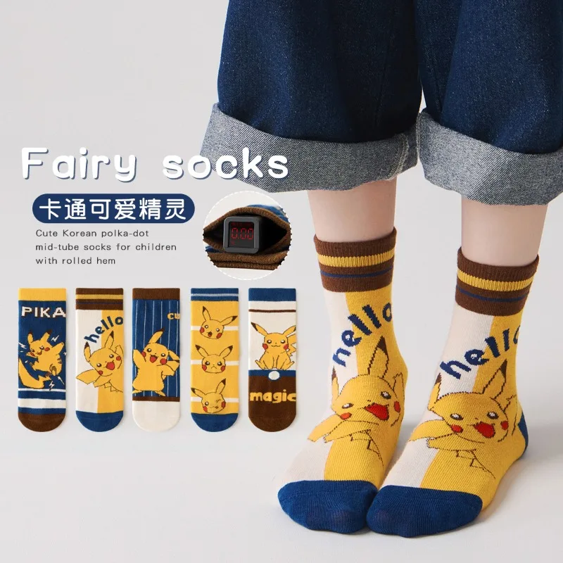 

5 Pairs Pikachu Kids Socks Kawaii New Fall Cute Cartoon 1-12 Years Old Children Middle Tube Cotton Sock for Girls and Boys Gifts