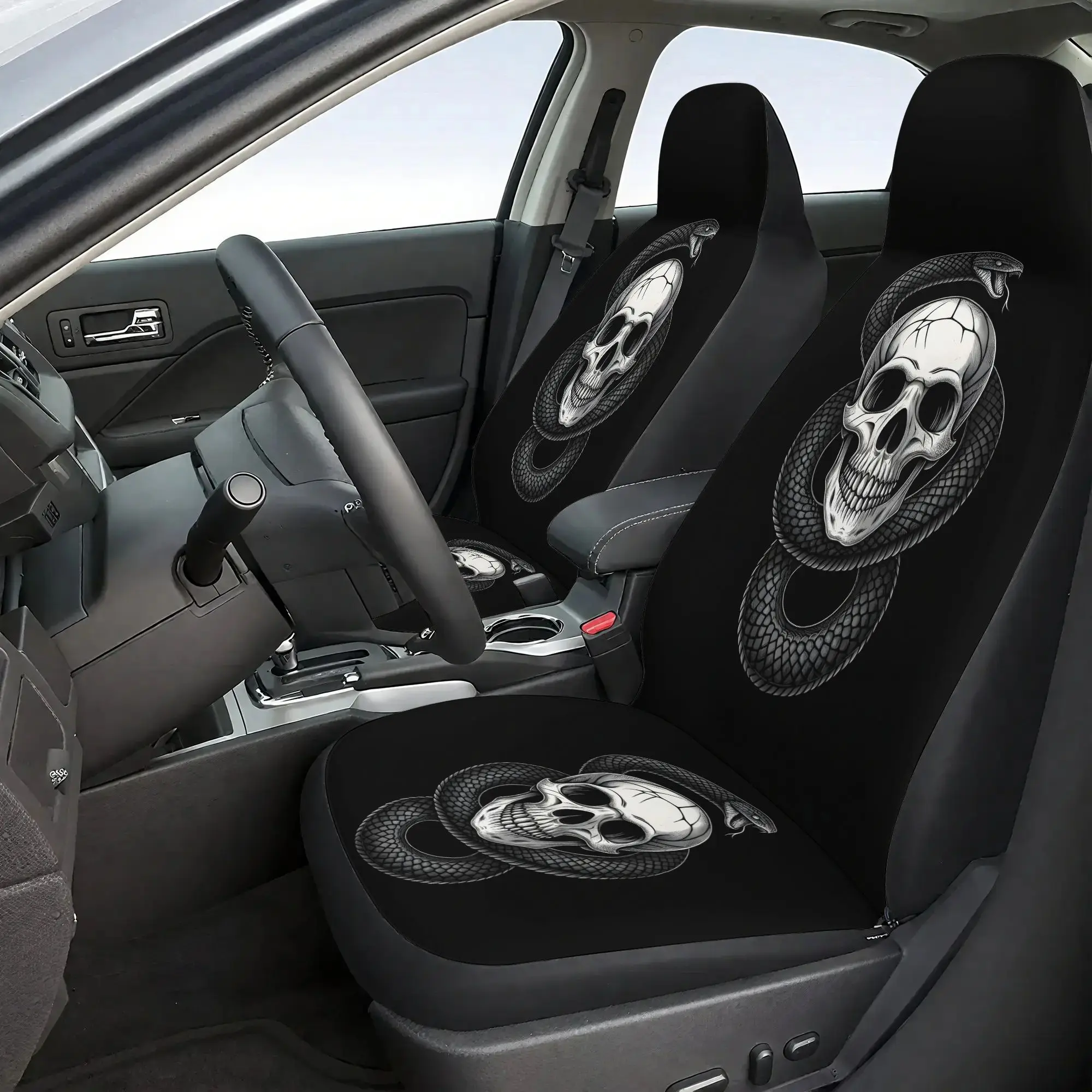 2D Flat 7pcs Snake Coiled Around Skull Print Car Seat Cover, Suitable For Most Car Models - Including 2 Front Seat Covers+1 Rear