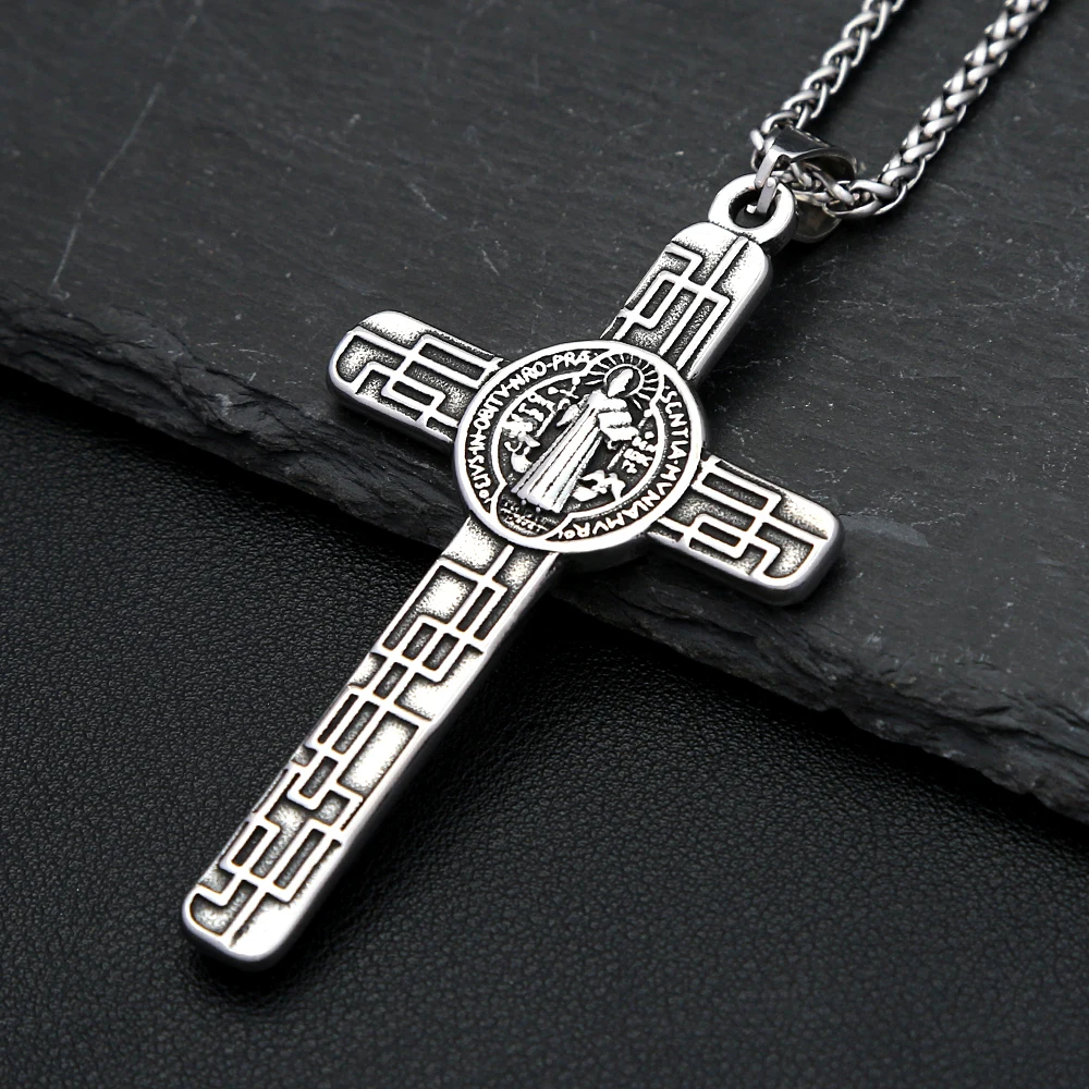 Vintage Saint Benedict Cross Necklace Stainless Steel Catholic Pendant For Men Women Unique Amulet Jewelry Gift Dropshipping