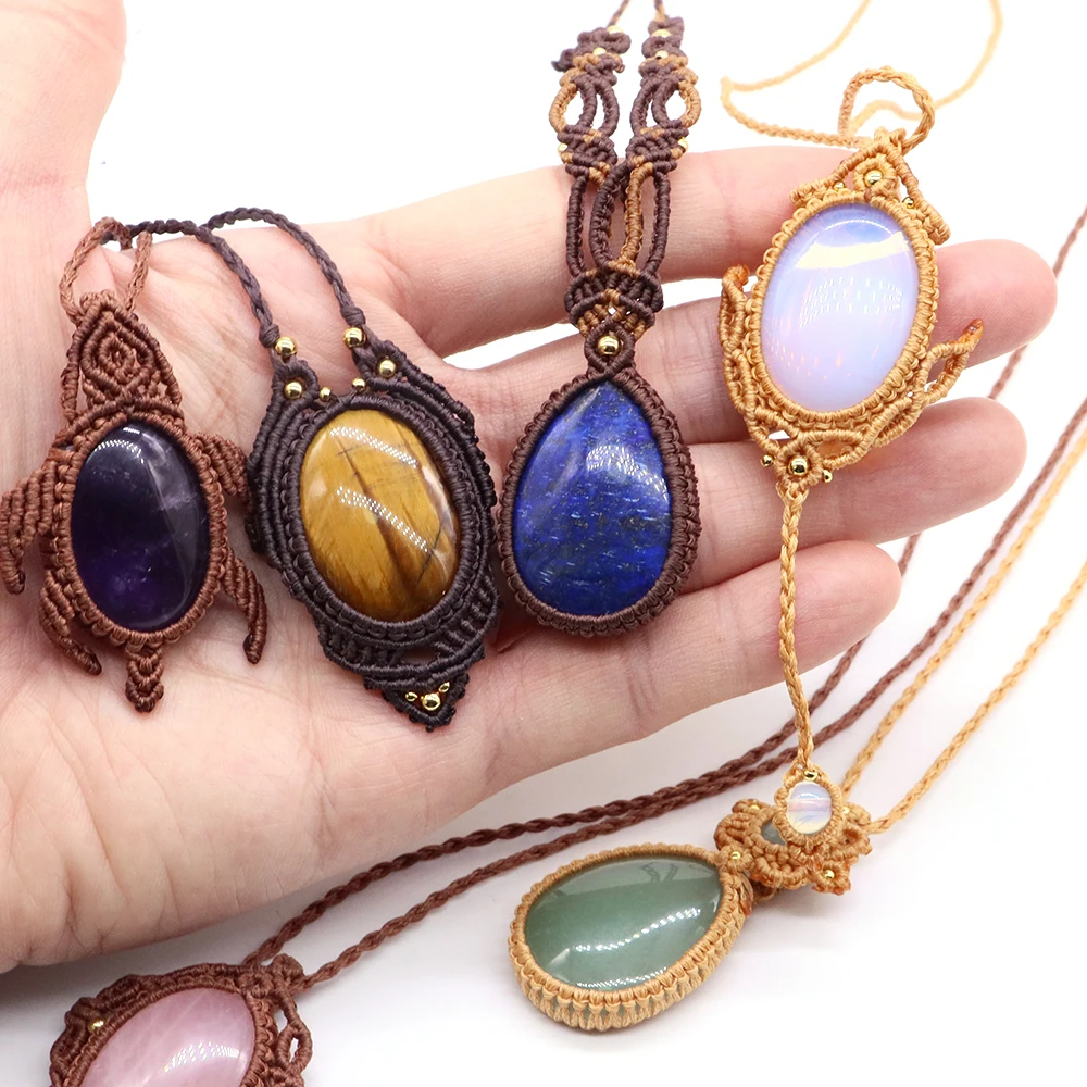 Boho Macrame Natural Crystal Teardrop Pendant Necklace Handmade Thread Wrap Healing Stone Choker Jewelry for Women Gift
