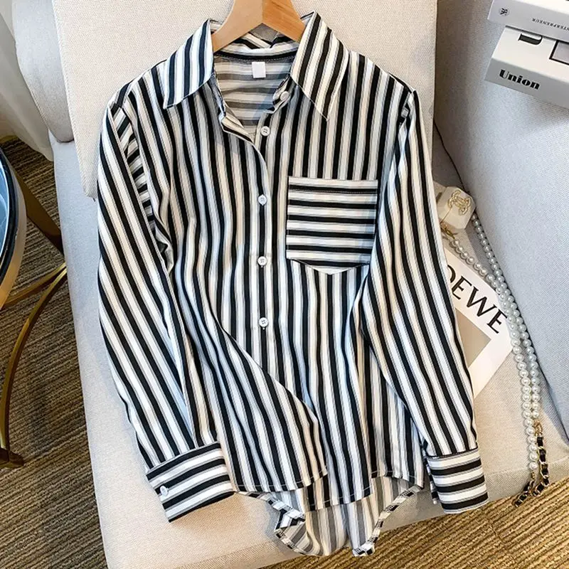 

2025 New Casual Loose Stripe Shirt Women's Spring/Summer Long Sleeve Blouses Korean Fashion Basic Top