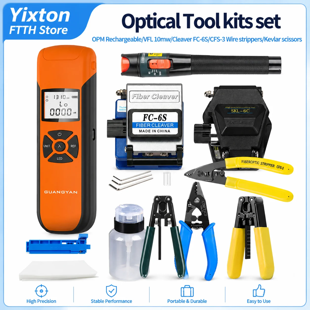 FTTH Fiber Tool Kit FC-6S Fiber Cleaver G10 OPM VFL 10mW Visual Fault Locator Stripper Kevlar Scissors Installation Tools