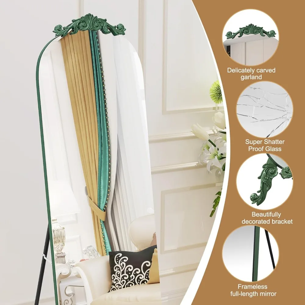 Vintage elegante gotische gesneden gebogen spiegelstandaard over de volledige lengte, 61,5 H x 20 W grote wandspiegel, groen modern decoratief