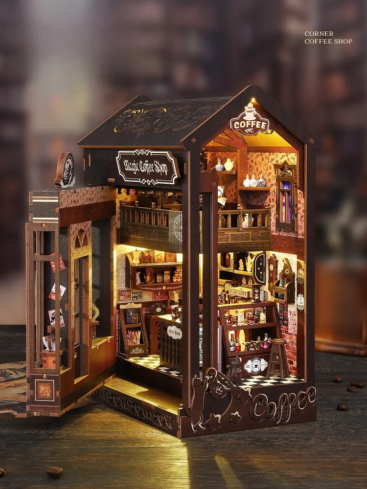 مجموعة أدوات تجميع نموذج خشبي لمتجر القهوة السحرية هدية عيد ميلاد إبداعية للنساء JiaTe DIY نموذج بناء زخرفة منزل صغير #4