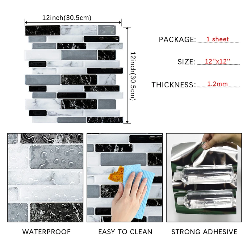 5/10 Sheets Waterproof Self-Adhesive Kitchen & Bathroom Wall Tiles Stickers 3D Peel And Stick Vinyl Wallpaper Modern Home Decor view 6