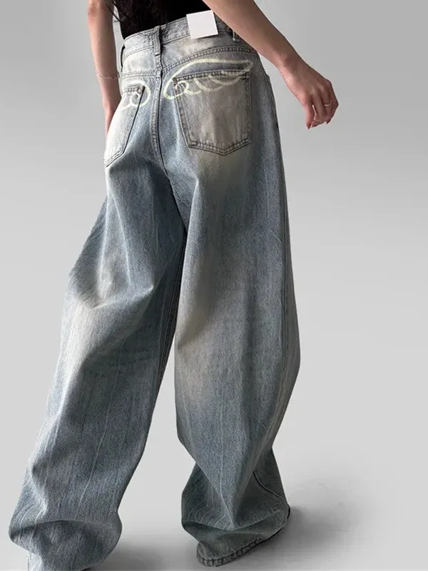 

Vintage Faded Wings Print Loose Straight Leg Jeans Women's Summer Trendy Street Sle Long Pants Casual Loose Fit Denim
