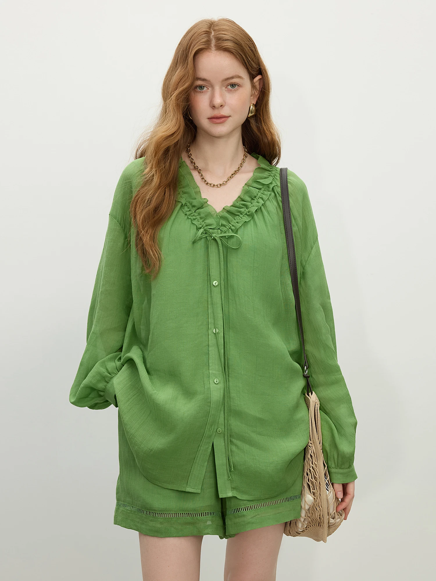 

FSLE Women Shirt Shorts Sets Female Spring Thin Green Long Sleeve Blouses 57.9% Ramie Female Two Sets 25FS11230+25FS11247