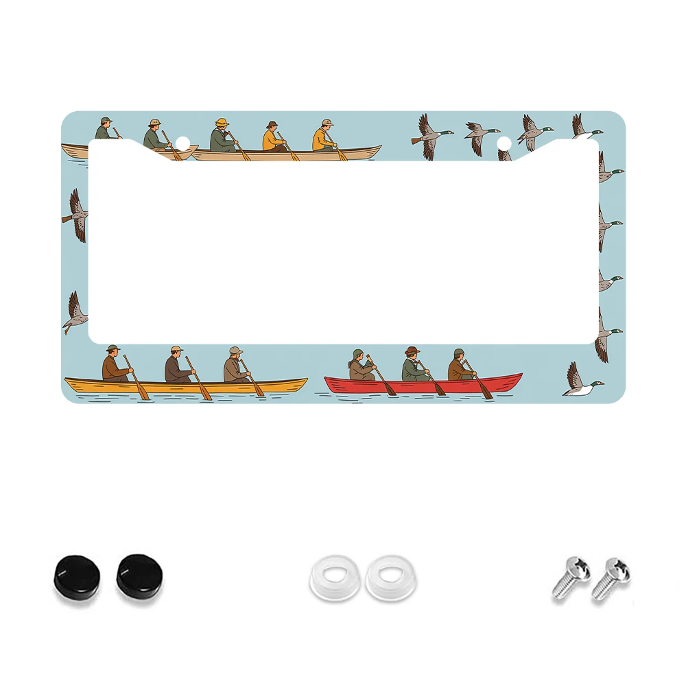 

1pc Retro Brown Canoeing Men and Flying Geese Pattern 2 Hole License Plate Frame, Aluminum Material, 6x12 Inches with Screw Kit