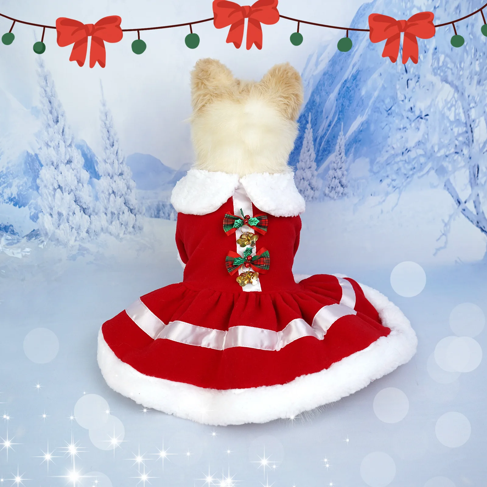Weihnachtspuppen-Hundekleid mit Glöckchen, rotes Fleece-Haustier-Outfit für kleine und mittelgroße Hunde