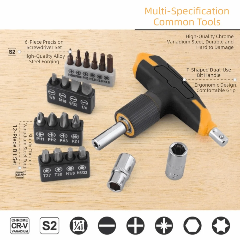 

Hi-Spec Magnetic T-Handle Ratchet Magnetic 30pc Set Screwdriver Set With Sockets Small Compact Hand Tool Kit DIY Projects