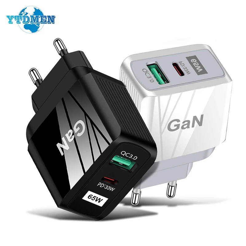 PD 65W GaN Charger Portable Travel 2 USB Quick Charge 4.0 3.0 Type C Fast Phone Adapters For Iphone 13 Pro Samsung Xiaomi Laptop