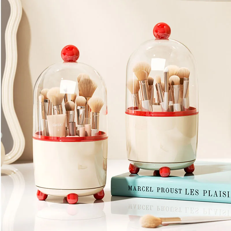 360 °   حامل فرشاة مكياج دوار مع غطاء مقاوم للغبار، منظم فرش مكياج دوار مقاوم للغبار، منظم أدوات التجميل الشفاف