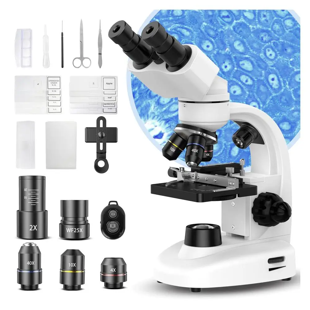 Compound Binocular Microscope 2000X Magnification Laboratory School Home LED Metal Black White Angle of View 45 Degrees 5.62