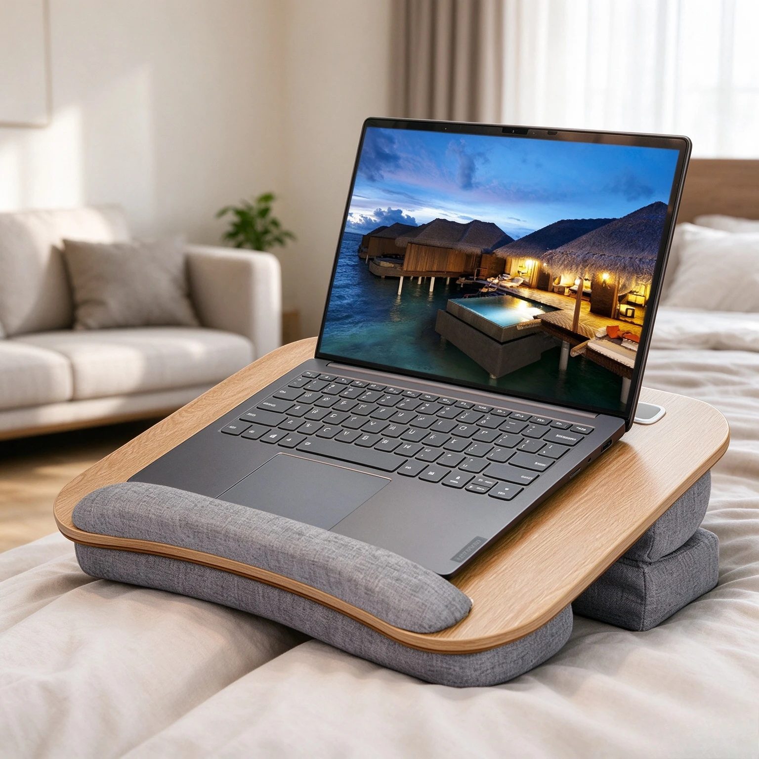 Raised Laptop Lap Desk for Car and Bed, Multilayer Wood Surface with Device Slot, Wrist Rest, High Density Foam Cushion Base