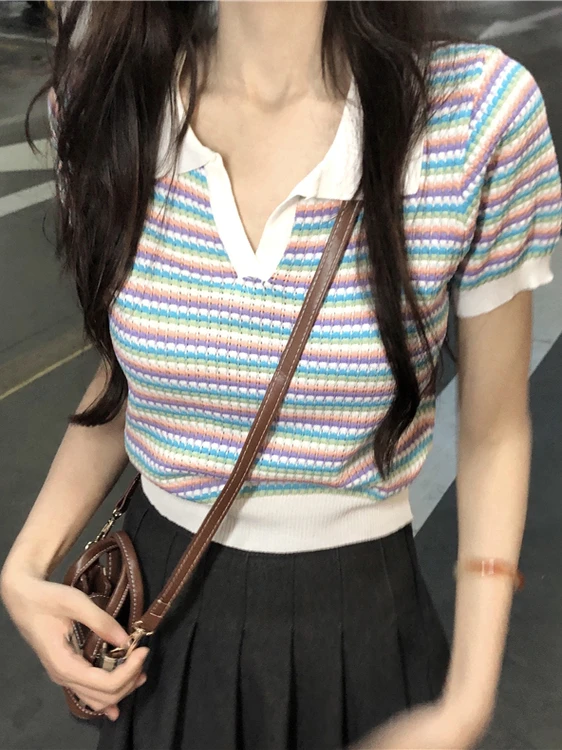 Slim Fit Short Sleeve V-Neck Knitted T-Shirt Women's Summer New Style  Collar Stripe Color Block Trendy Top Cotton 100%