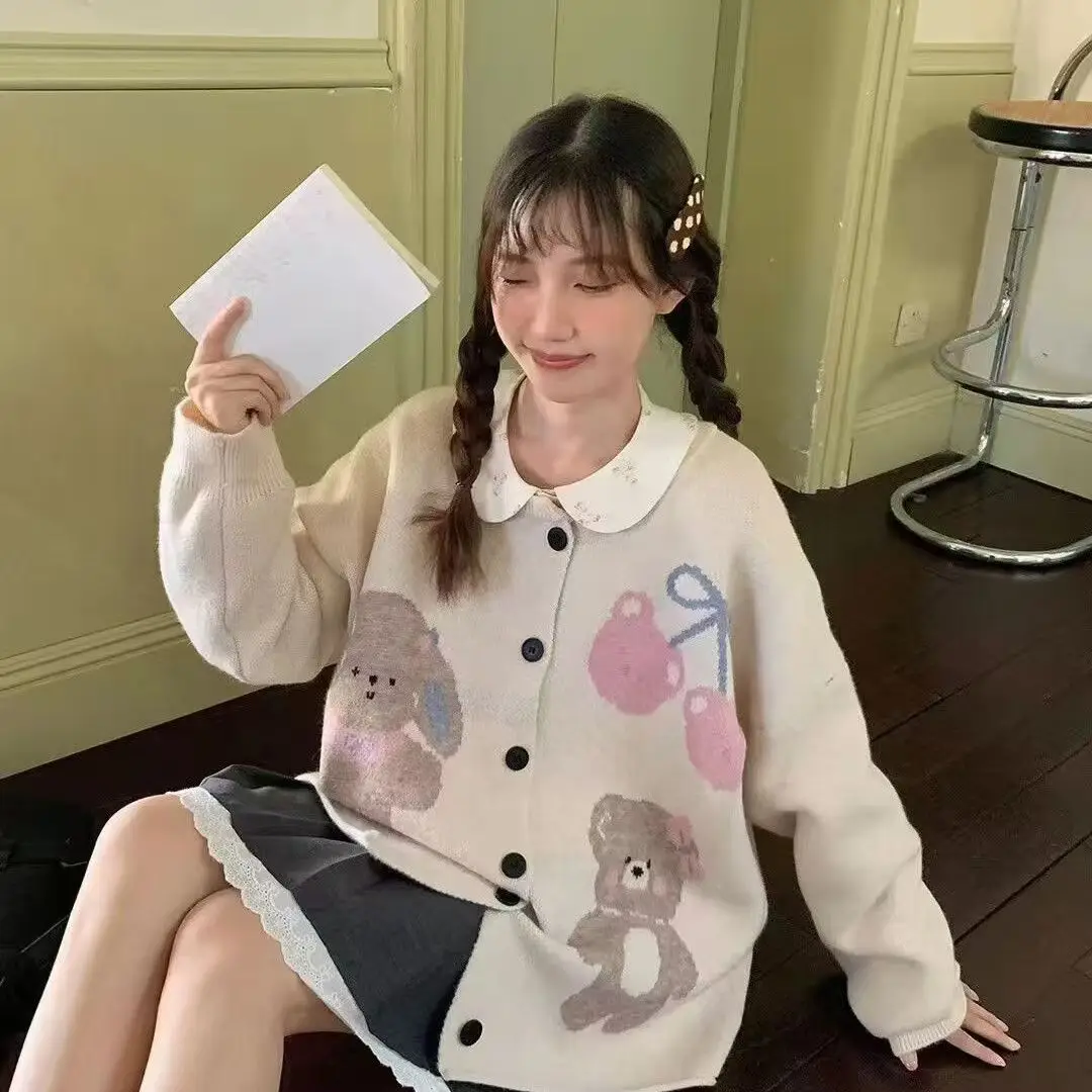 

Vintage Cute Cartoon Little Bear Embroidery Knitted Sweater for Women Crew Neck Casual American Style Winter Knitwear Harajuku