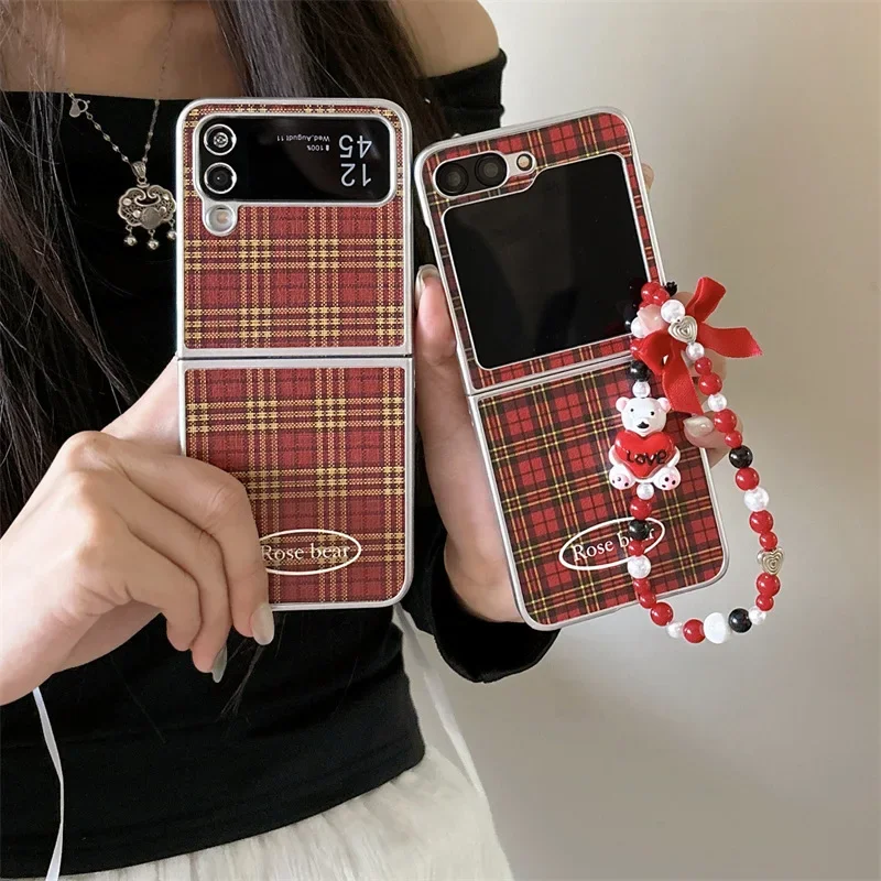 삼성 갤럭시 Z 플립 6 5 4 3 용 빨간색 격자 무늬 휴대폰 케이스, 보호 후면 커버, ZFlip4 ZFlip5 ZFlip6 케이스