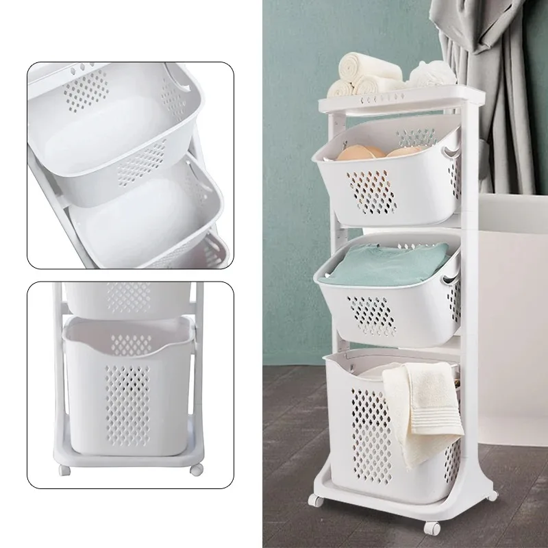 3-laags Kledingmand Opbergen C-Art Trolley Organizer Met Universele Wiel Vuile Wasmand Badkamer Huishouden