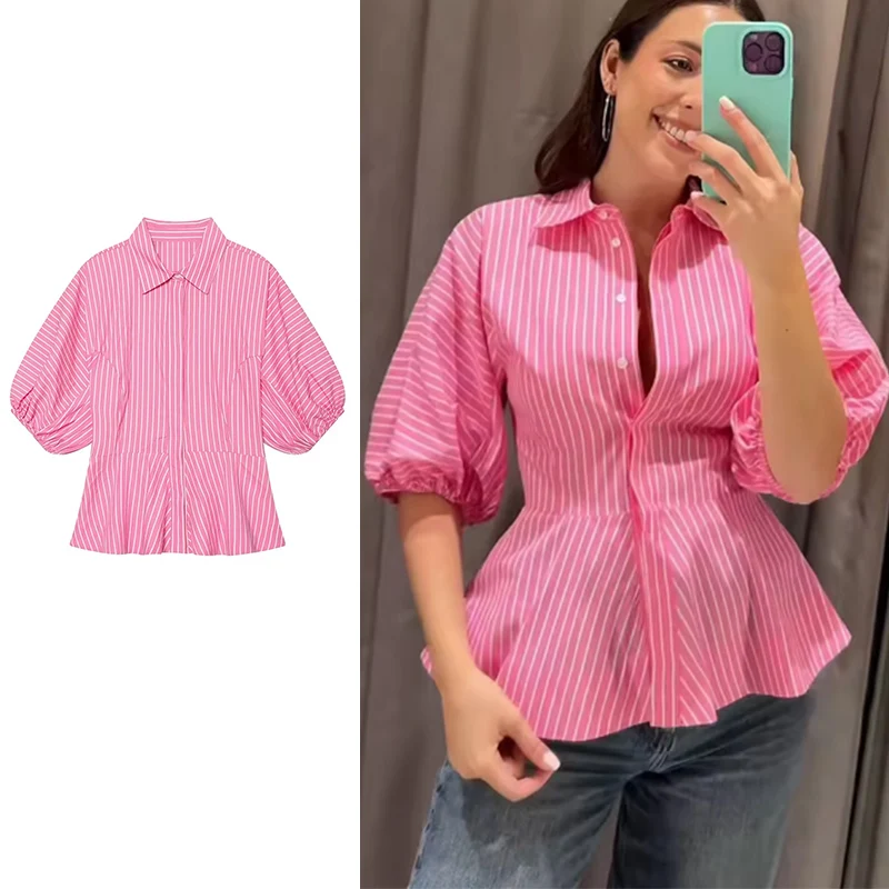 

Women's Shirt 2026 New Spring Summer Fashion Pink Striped Poplin Shirt for Women Ladies Shirt Casaul Chic Female Shirt