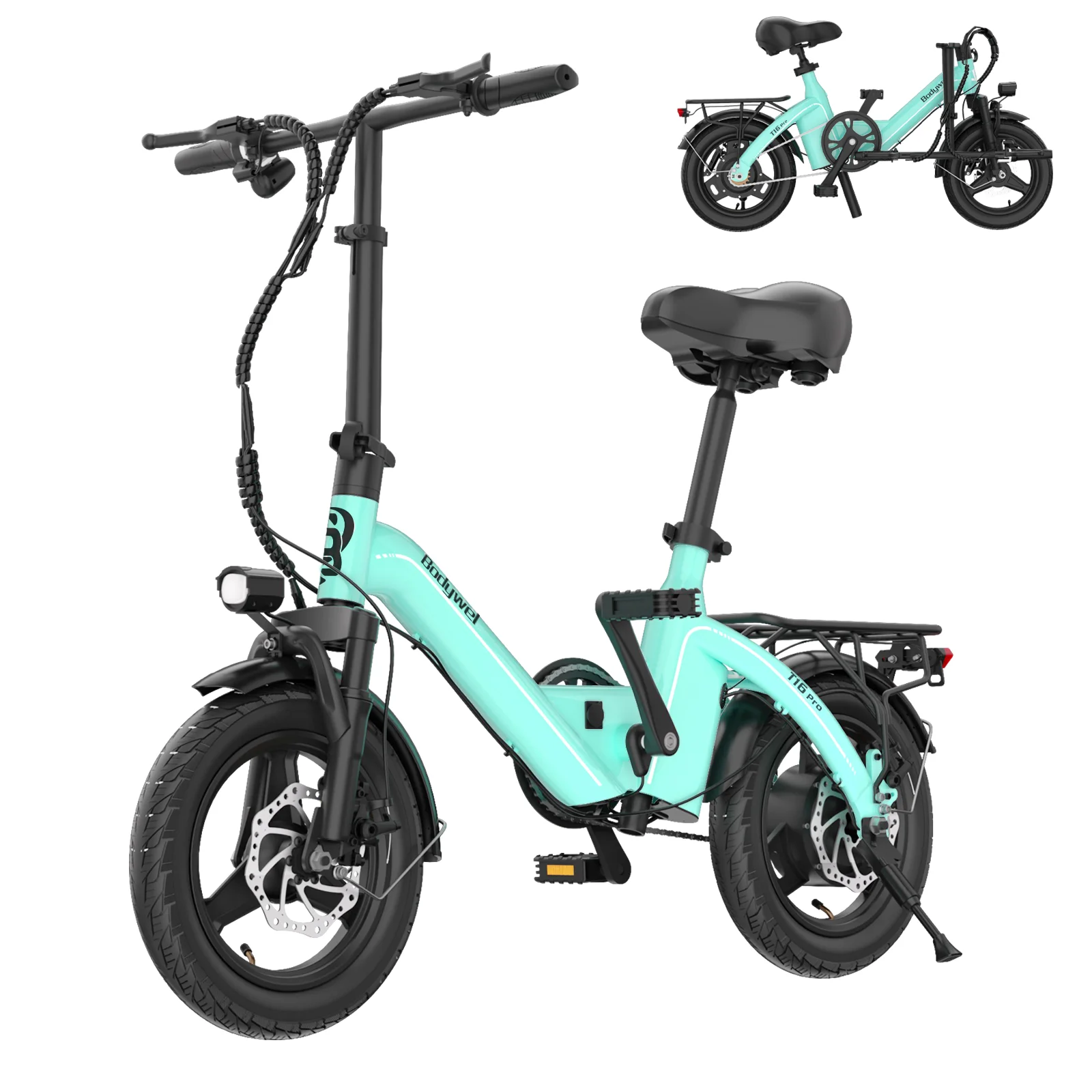 14' Foldable Electric Bicycle for Adult, Peak 500W Motor with 36V 10.4Ah Removable Battery EBike Dual Disc Brake Bodywel T16pro image 3