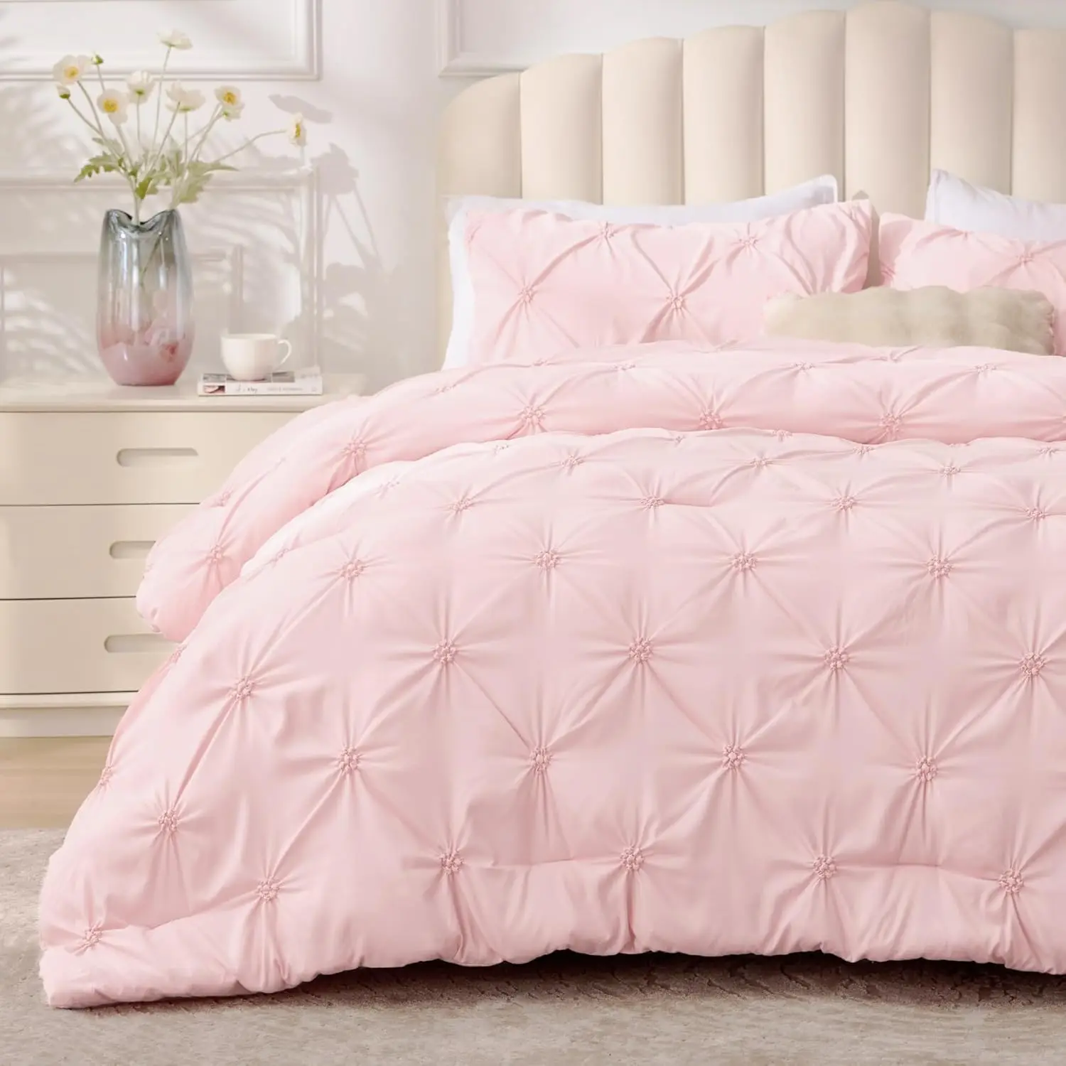 

King Size Comforter Set 3 Pieces Boho Pintuck Bedding Lightweight Soft Warm All Season with 2 Pillowcases