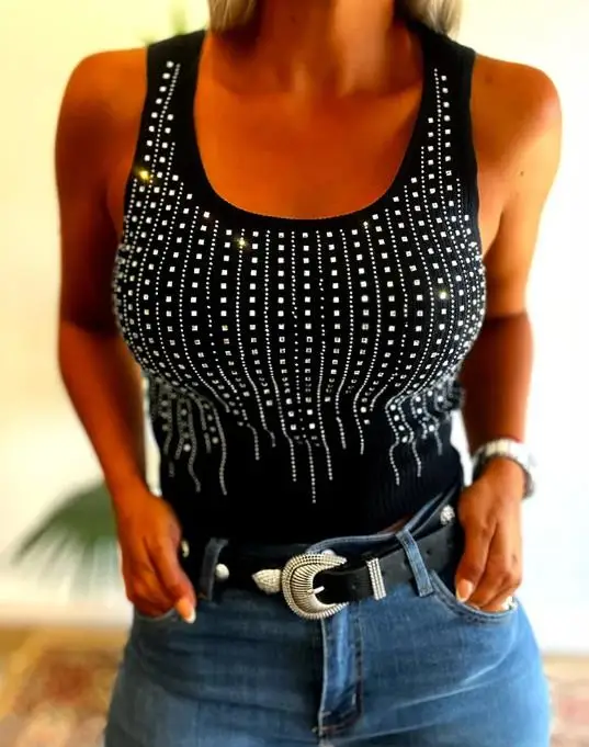 

Women Vest 2026 Summer Slim Fit Retro Classic Y2K Spicy Girl Rhinestone Decal Sleeveless Vest Suitable for Casual Daily Parties
