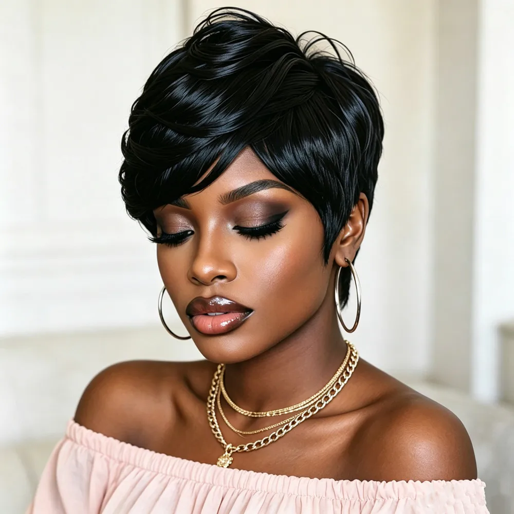 

pixie wig black color wig human hair wig short straight wig 6Inch 150% Density Basic Style for Daily machine made Women'S Chic Retro short straight Pixie Cut human hair Wig