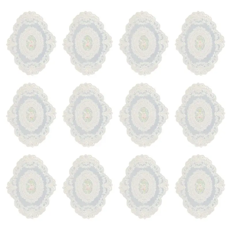 A98E-12 Pack Retro Lace Placemats, French Crochet Doilies, Handmade Embroidered Table Mats, 12X16-In Beige Place Mats Cup Mat