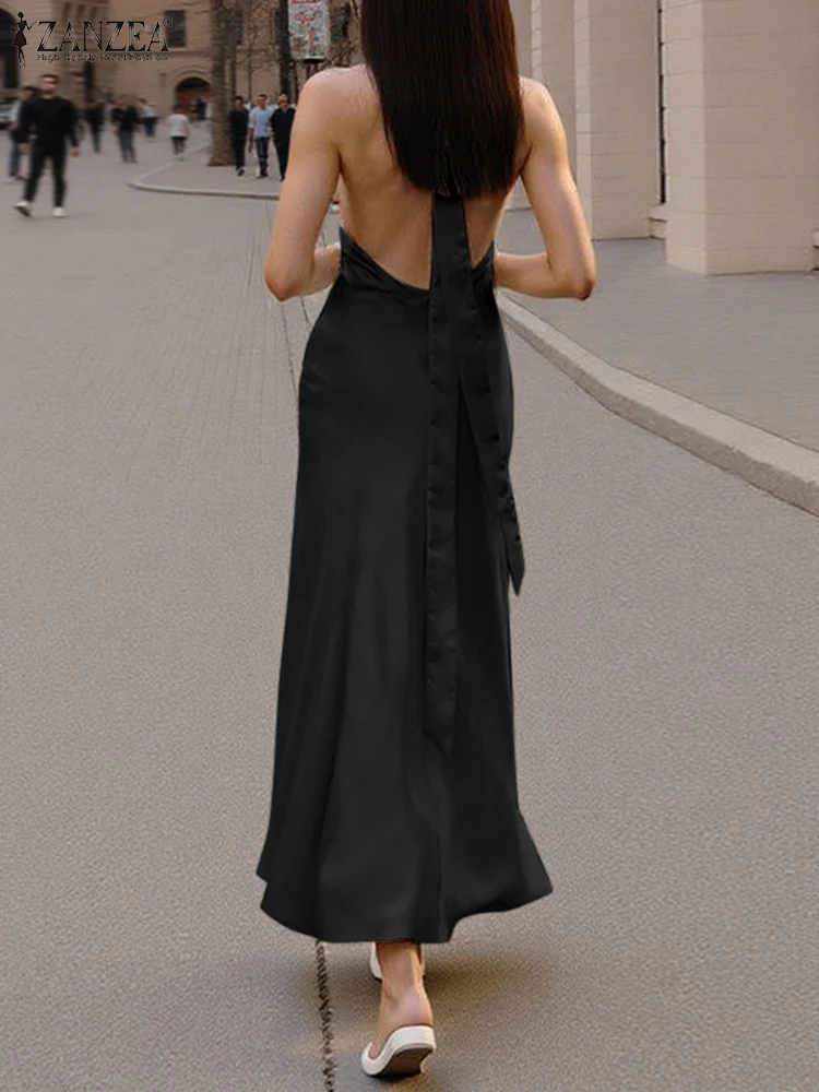 ZANZEA Abiti longuette in raso Abito da notte sexy per feste Moda donna Abito estivo con scollo all'americana 2025 Abito senza maniche da donna