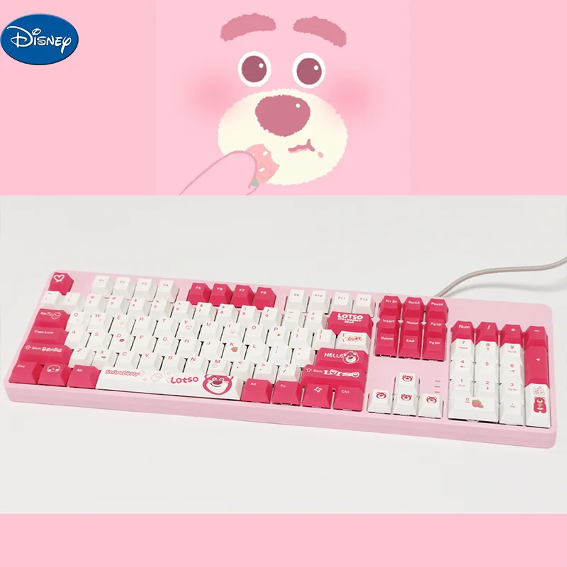 Kawaii Disney Strawberry Bear 104 Mechanical Keyboard Hot Swap 87 White Green Shaft Black Tea Wired Hot Swap Mechanical Keyboard