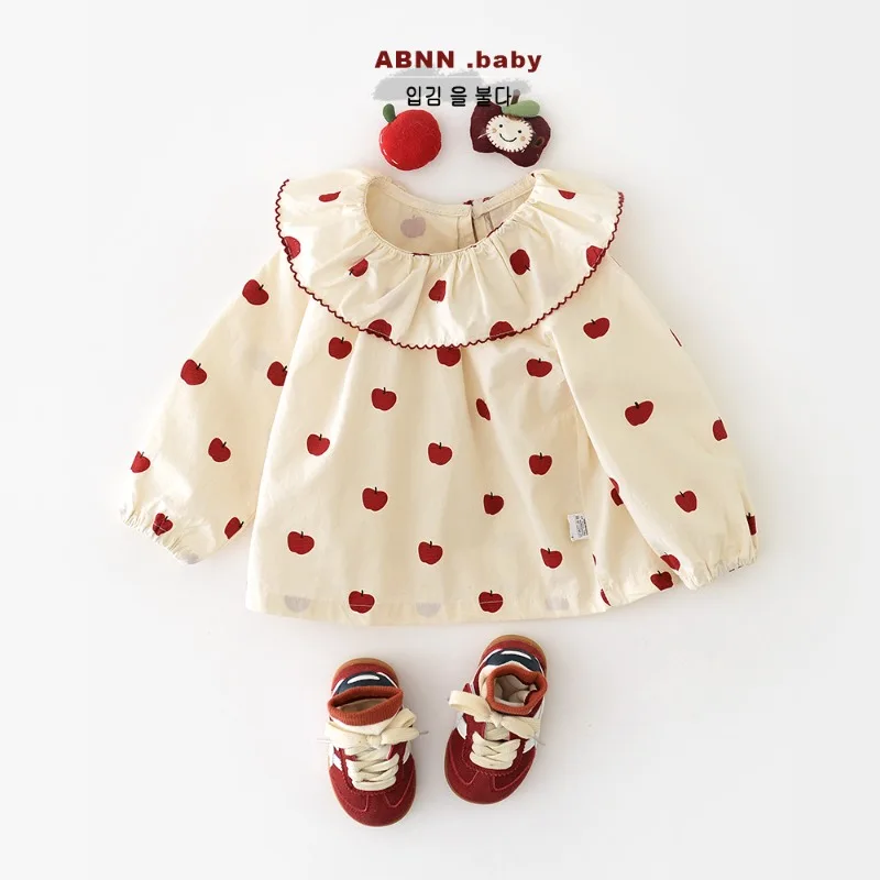 

2025 New Autumn Baby Girls Cartoon Apple Large Lapel Shirts Long Sleeve Baby Doll Blouse For Infants And Toddlers Clothes