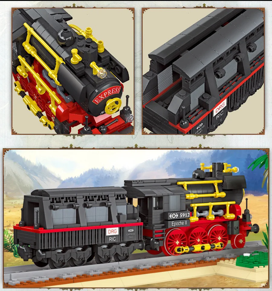 Technische Bausteine, Eisenbahn, Zug, Konstruktionsbausteine, klassische Dampflokomotive, Lernspielzeug, Sammlung für Jungen, Geschenkidee. – Detail 3
