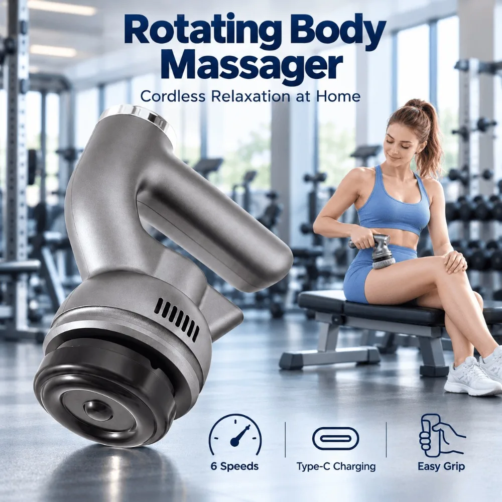 Handheld Body Massager, Cordless Rotating Vibration Massage with 6 Speeds, Type C Rechargeable for Daily Home Muscle Relaxation