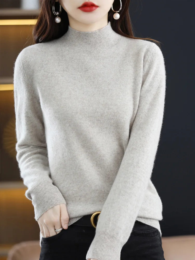 RONGYI 100%Pure Wool Half-neck Pullover Autumn /Winter Cashmere Sweater Woman Casual Knitted Tops Female Jacket 19 Colors S-XXXL