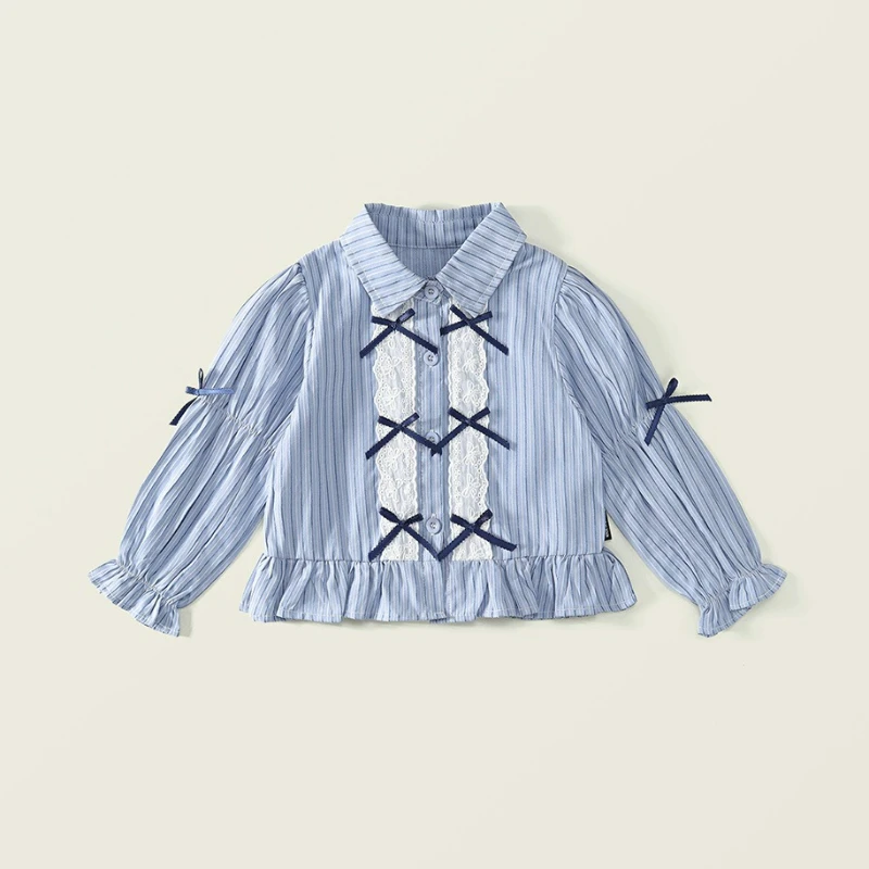 2025 New Spring Girls' Striped Shirt Sets Campus Style Autumn Children's Girls Long Sleeve Bow Shirt Long Pants Kids Outfits