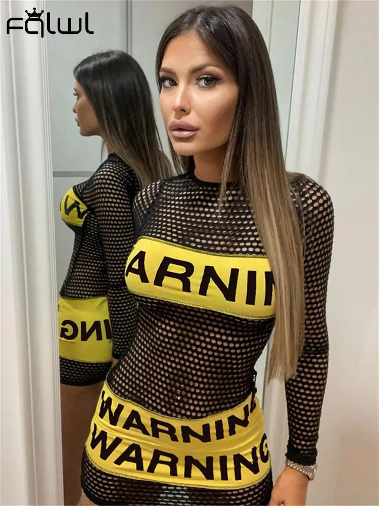 Habbris Sexy nero lettera stampa Mini abito Club abbigliamento per le donne 2023 manica lunga maglia abito corto moda rete vestito