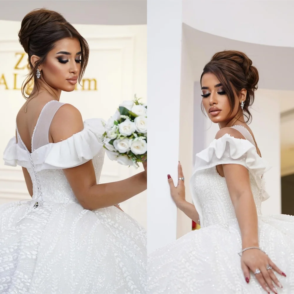 

Customized High Quality White Organza Wedding Dress Sexy O-Neck Off the Shoulder Short Sleeves Chapel Train Bridal Gowns