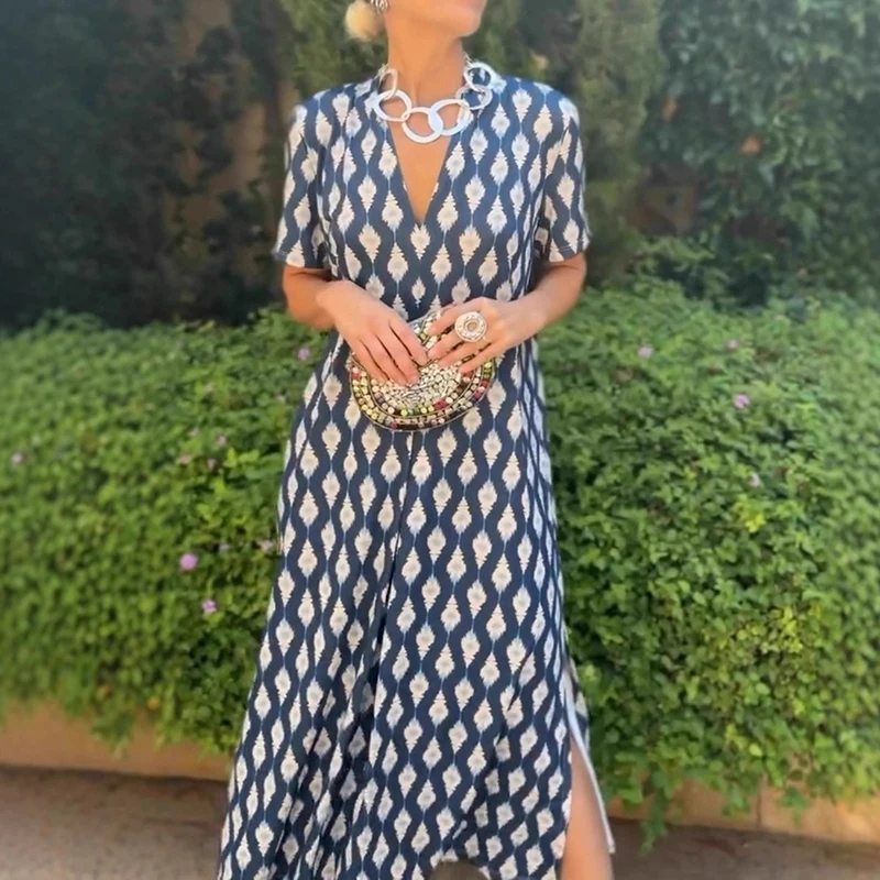 فستان بلوفرات بأكمام قصيرة مطبوع بنمط عتيق فستان صيفي جديد فضفاض برقبة على شكل حرف v فستان أنيق للسيدات غير رسمي للتنقل فستان طويل