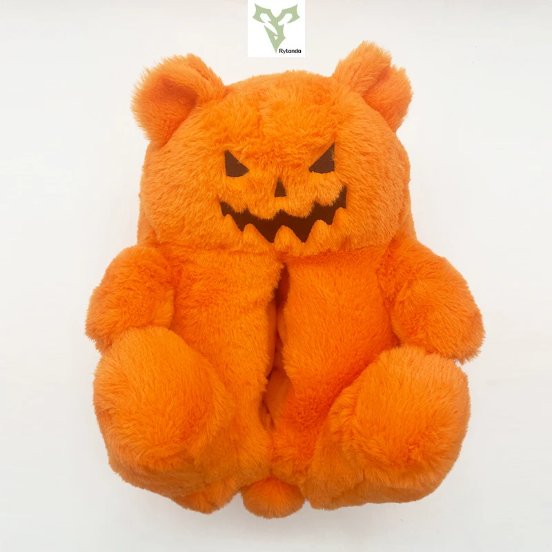 Rytanda Kawaii Teddy Bear Pumpkin Slippers Orange Bear Soft Plush Doll Indoor Fuzzy Flat House Shoes Women Men Halloween Gifts